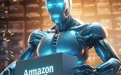 Ein Roboter hält einen Karton in Händen auf dem Amazon steht, Grafik erstellt mit Midjourney