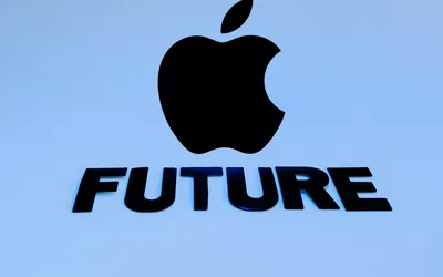 Blauer Hintergrund mit dem Apple Logo und dem Schriftzug "Future"