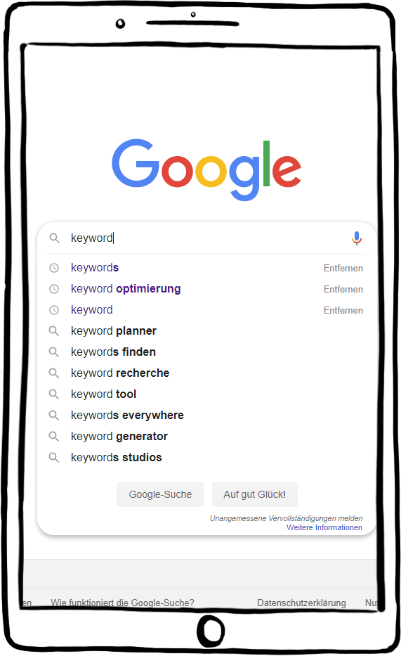 Google Suchfeld mit Wortvorschlägen zu Keyword